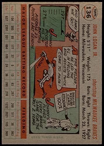 1956 Topps # 136 ГРАЙ Джони Логан Милуоки Брейвз (Бейзболна картичка) (Сиво въртене) EX/MT Braves