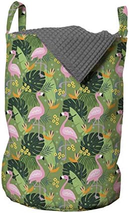 Тропическа чанта за дрехи Ambesonne, с участието на фламинго в хавайски стил, Бананови листа Монстеры и Буйни цветя, Кошница за дрехи с дръжки, закрывающаяся на шнур, за пране, 13 x 19, Многоцветен