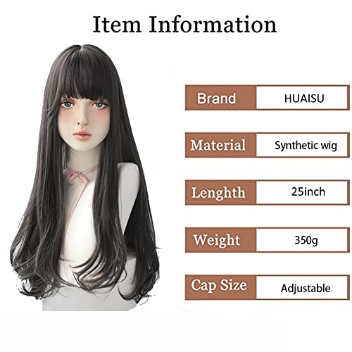 Дълга черна перука HUAISU с бретон от естествена коса, за жени, перука за cosplay (черен, 25 инча)