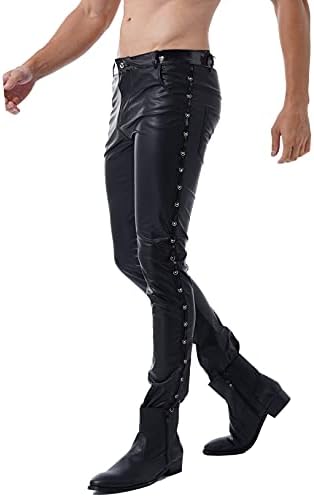 ACSUSS Мъжки Блестящи Метални Мотобайкерские Тесни Панталони От Изкуствена кожа с цип, Дълги Панталони