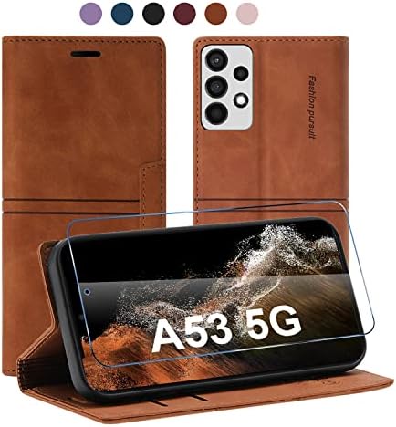 калъф от 13 грах за Samsung Galaxy а a53 (освободен 5G 2022), една чанта-портфейл от телешка кожа с 1 предпазно фолио, изработени от закалено стъкло, Отделения за карти като стойка, Защитен бизнес панти калъф (кафяв)