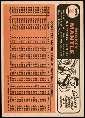 1966 Topps 50 Мики Мэнтл Ню Йорк Янкис (Бейзболна картичка) VG Янкис