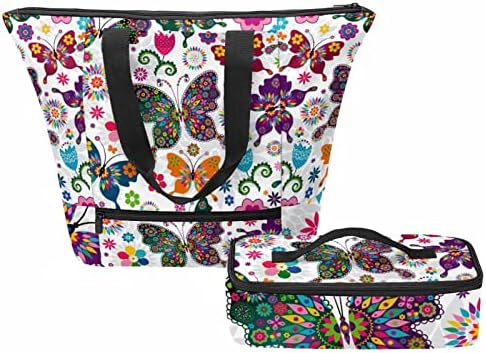 Чанта-тоут с пеперуди и Цветя, Чанта за Обяд, Женствена Чанта с горната Дръжка, Чанта през Рамо за Компютър в Чантата