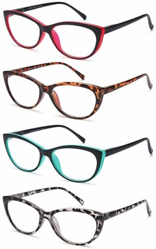 EYEURL 4 Опаковки Очила за четене Котешко око за жените, Блокер Синя Светлина Четци, Лек Пружинен Шарнир, Защита От Пренапрежение на очите, UV-Модерни Очила + 1.50