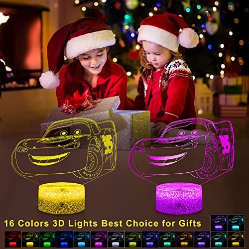 3D Cars Night Light за деца - 3 Рисунки и 16 сменяеми цветове Декоративна лампа с таймер, дистанционно управление и контрол на допир - Детски пишеща Машина Играчки за момчета, ?