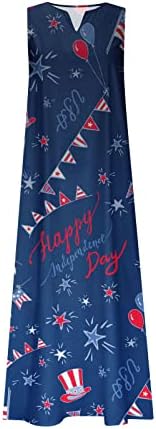 На 4 юли, Макси Дълги Рокли, Дамско Ежедневното Свободно Рокля на Деня на Независимостта Без Ръкави, Сарафан на Бретелях с Джобове под Флага на САЩ