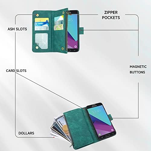 Съвместим с Samsung Galaxy J3 Luna Pro J 3 Prime 2017, една чанта-портфейл Emerge 3J Eclipse Mission и Премия Ретро Кожен Флип-Държач за кредитни карти, джоб за мобилен телефон Glaxay S327VL, Женски, мъжки, Зелен