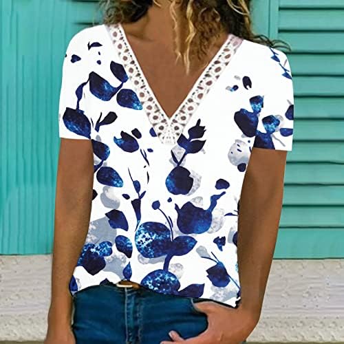 Момичета 2023 Къс Ръкав V Образно Деколте Цветен Графичен Обяд Блуза, Тениска Лято Есен Лейси в памучна Блуза за Жените YD YD