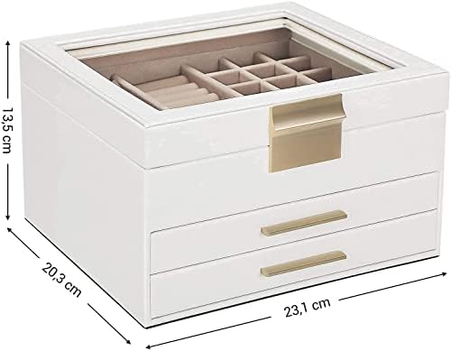 Ковчег за Бижута, Ковчег за Бижута на 3 слоя, в Ковчег за Бижута с 2 чекмеджета, Кутия За Съхранение на Обици и Пръстени (Бяла)
