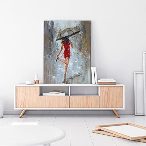 Абстрактни Плакати върху Платно Модерна Стенни Художествена Живопис Момиче с Чадър в Червена рокля, която Върви по улицата Char Плакати на Отпечатъци и Отпечатъци на Стената Художествени Картини за вашия интериор на