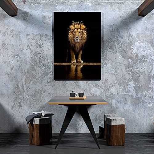 Стенно изкуство с принтом лъв върху платно, благороден и уверени в себе си лъв с корона, черно и златно животно на платното за Хола, Офис Стенен декор, украса за дома, готов да бъде обесен, интериор за спални за мъже