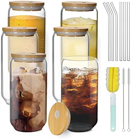 Чаши за пиене с бамбукови капаци и стъклен соломинкой 6 бр. комплект - Бирени чаши, 16-унция, чаши за кафе с лед, стъклени чашки във формата на буркани, Красиви чаши за шейкове, за уиски, коктейли, бира, подарък - 3
