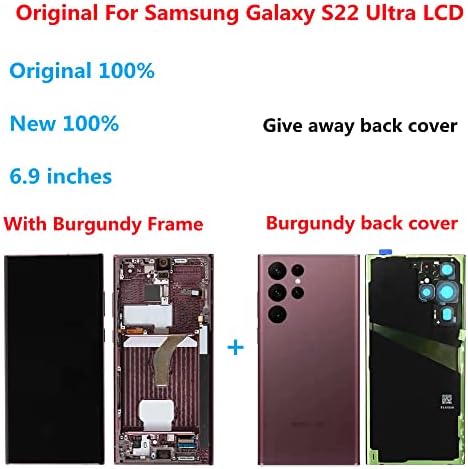 6,8Оригинален за Samsung S22 Ултра Сензорен екран Дигитайзер S22Ultra 5G S908E S908E/DS S908U S908W S908B/DS Подмяна на LCD екрана (с червена рамка и заден капак)