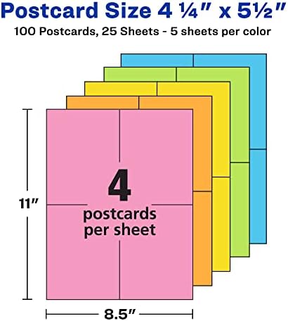 Празни Картички за печат Ейвъри, в 4.25 x 5,5, Различни ярки цветове, 100 Адаптивни картички (35704)