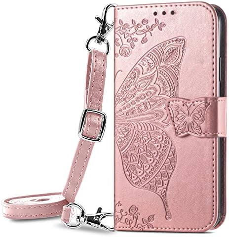 Чанта-портфейл XYX за iPhone 12 Mini, Тисненая Пеперуда от Изкуствена кожа, Отделения за карти, Защитно флип-надолу корица-Фолио с Регулируема каишка през рамо за iPhone 12 Mini 5.4 инча, Розово Злато