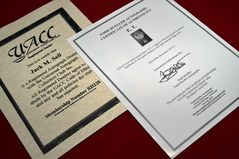 Автограф на Стивън СПИЛБЪРГ, с автограф на ретро ПЛАКАТИ E. T., COA, UACC, оригиналът е на 27 x 40 на 1 лист