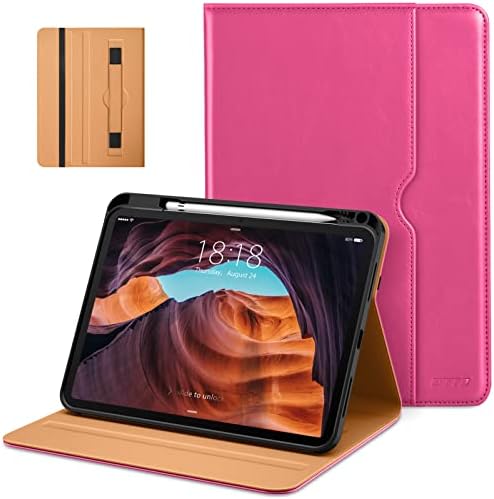 Калъф за iPad на 10-то поколение DTTO 10,9 См 2022, калъф-награда за бизнес от висококачествена естествена кожа с държач за моливи - Автоматично включване / изключване и няколко ъгли на видимост, Розово-Червен