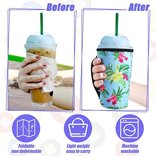 5 Опаковки Изолационни ръкави за кафе с лед с цветен модел, за Многократна употреба ръкави за кафе, Неопреновый поставка за Чаши за студени напитки, ръкав за напитки с дръжка, подходящ за кафе чаши на 30-32 унция (ярък