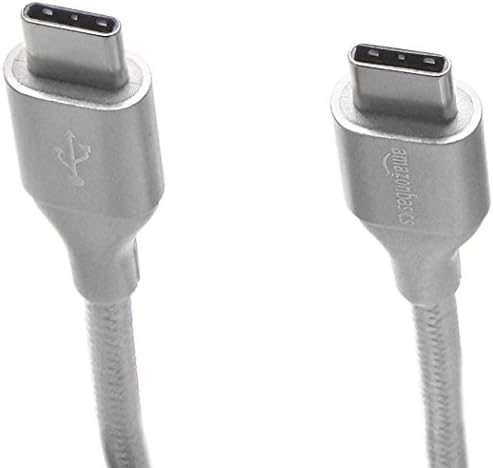Кабел за бързо зареждане на Basics с двойна оплеткой от найлон USB-C-USB-C 2.0, 3A - 10 Фута, Сребристо, За лаптоп