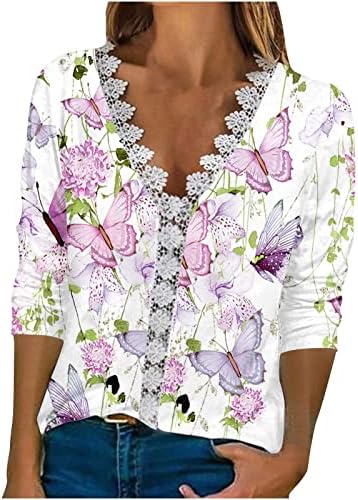Годишна Елегантна Тениска за Жени, Блуза с V-образно деколте и Дантела тапицерия, Блузи с ръкави 3/4 и Принтом Пеперуди, Модни Дамски Ризи