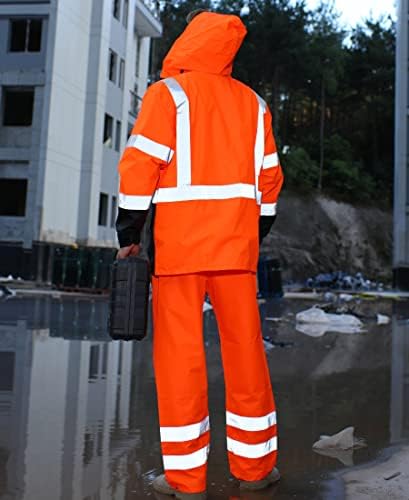 дъждобран sesafety Hi Vis, Мъжки дрехи за дъжд повишена видимост клас 3, Водоустойчиви мъжки Дождевики с предната част на окото, с цип, Оранжево (L / XL)