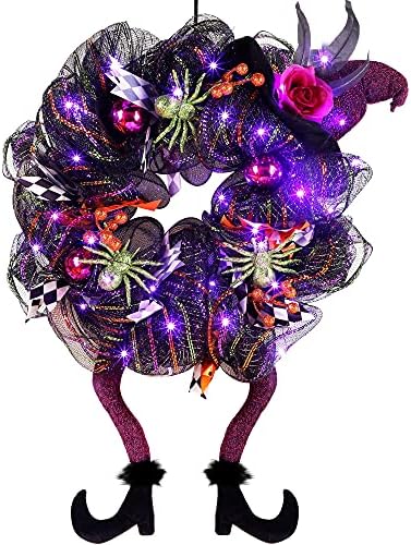 Домашен Венец Lulu на Хелоуин, 30 Led лилаво подсветок, Венец за входната врата с Мрежесто декор за крака във формата на Шапка на Вещица, Венец от Метална Лента на Хелоуин, захранван с Батерии, Изкуствен Врата Венец,