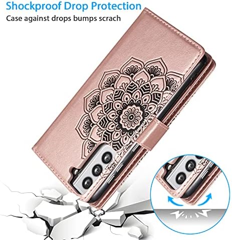 Чанта-портфейл EYZUTAK Мандала за Samsung Galaxy S21 Ultra 5G, Подвижни, флип калъф от изкуствена кожа, 2 в 1 с каишка от архивите на бутона (9 слотове за карти + 3 джоба + 1 джоб за шофьорска книжка) - Розово злато
