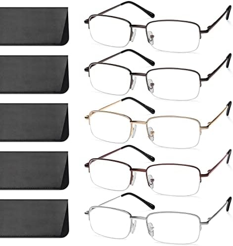 Мъжки слънчеви очила за четене NOVIVON, 5 опаковки, Метални Очила за четене, Блокиране на Синя светлина, с кутия пролетта панти, които Предпазват от напрежение в очите (Оръжеен метал * 5, 1,5)